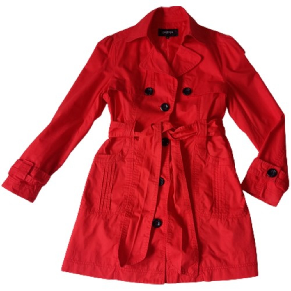 Size 12 Red Mid Thigh Length Belted Trench Coat - Picture 1 of 10